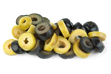 Image showing Sliced green and black olives