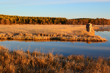 Image showing Sunrise landscape of lake in grassland