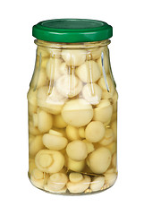 Image showing Glass jar with marinated white mushrooms