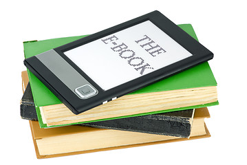Image showing Ebook reader and traditional paper books