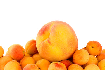 Image showing One peach over the pile of apricots