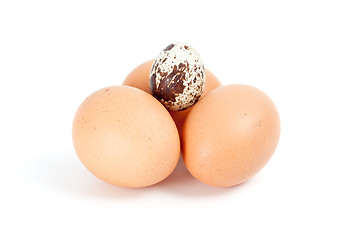 Image showing Few hen eggs and one quail egg on top