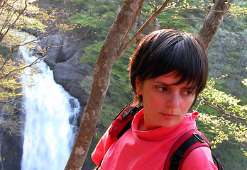 Image showing Girl forest and waterfall