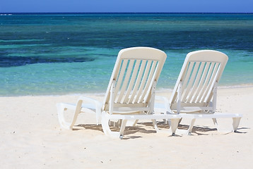 Image showing Loungers facing the Caribbean Sea