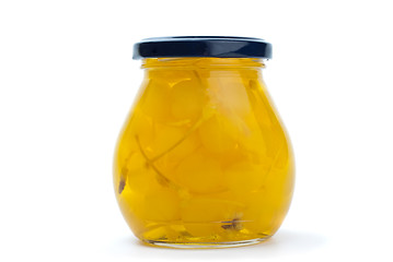 Image showing Glass jar with yellow cocktail cherries
