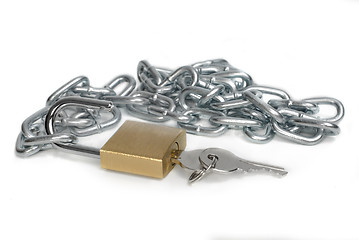 Image showing Open padlock and chain with keys