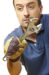 Image showing manual worker closeup on white