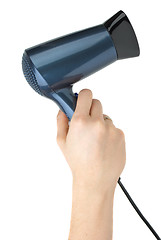 Image showing Compact blue hairdryer in hand