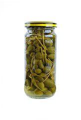 Image showing Glass jar with marinated capers fruits