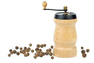 Image showing Wooden spice handmill and allspice 