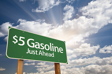 Image showing $5 Gasoline Green Road Sign and Clouds