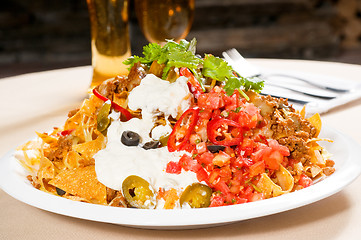 Image showing fresh nachos and vegetable salad with meat