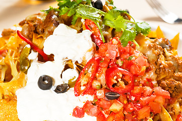 Image showing fresh nachos and vegetable salad with meat