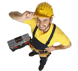 Image showing standing caucasian handyman fun view from above