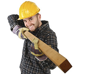 Image showing young carpenter has fun at work