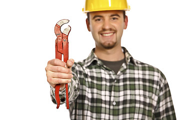 Image showing happy worker with red wrench