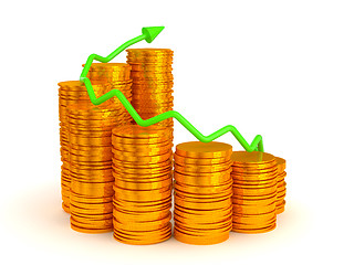Image showing Growth: green graph over golden coins stacks