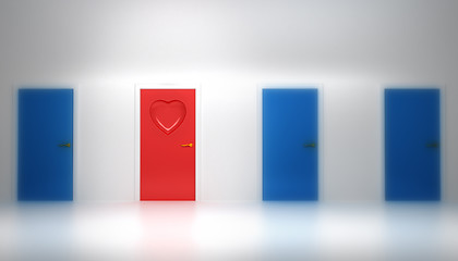 Image showing Love concept: Red door with heart shape