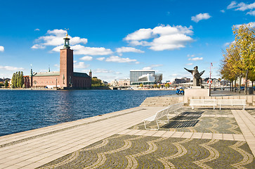 Image showing Stockholm city hall and quay  in summer