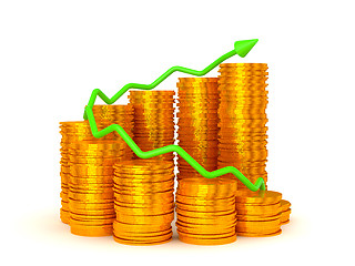 Image showing Earnings and success: green graph over coins stacks 