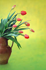 Image showing Red tulips in old jug over colored background