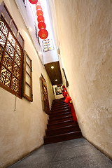 Image showing Chinese traditional corridor in wooden with red lantern.