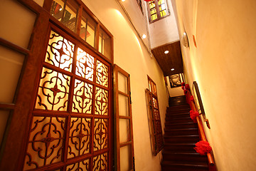 Image showing Chinese traditional corridor in wooden with red lantern.