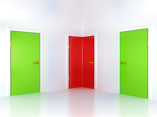 Image showing Right or wrong way: conceptual corner door