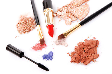 Image showing Make-up brush, lipstick and different powder