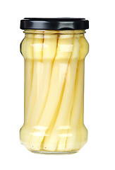 Image showing Asparagus stems marinated in glass jar