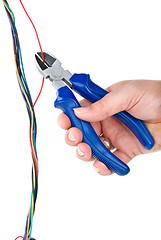 Image showing Disarming the bomb: Side cutter cutting the red wire