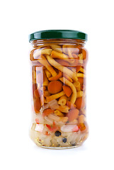 Image showing Glass jar with marinated honey agarics