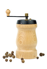 Image showing Wooden spice handmill and allspice 