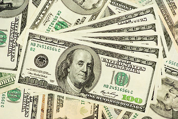 Image showing Abstract background: american money in $100, $50 and $20  bills