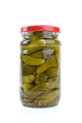 Image showing Glass jar with marinated cornichons