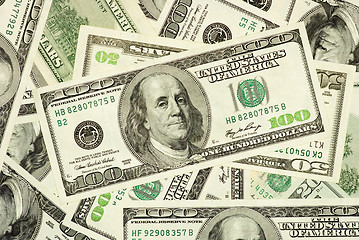 Image showing Abstract background: american money in $100, $50 and $20  bills