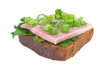 Image showing Ham sandwich with rye bread, parsley and spring onion