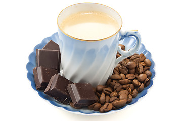 Image showing Coffee cup with chocolate and coffee beans