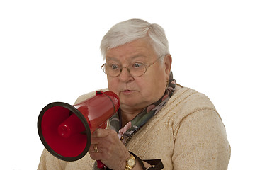 Image showing Female senior with megaphone