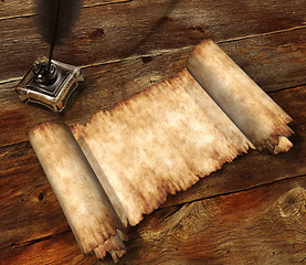 Image showing Roll of parchment on wooden table 3D still-life