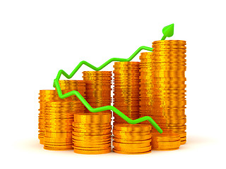 Image showing Profit: green graph over golden coins stacks 