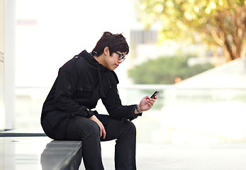 Image showing man sms on cell phone