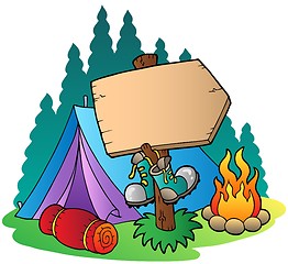 Image showing Camping wooden sign near tent