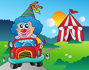 Image showing Cartoon clown in car near tent