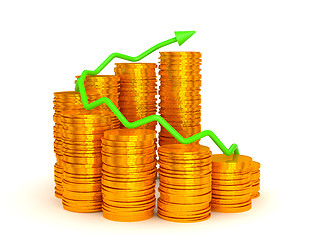 Image showing Growth and success: green graph over coins stacks