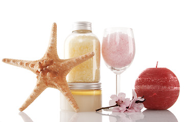 Image showing Spa products, candle and cherry flower