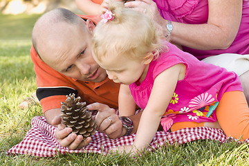 Image showing Father and Daughter Talk about Pine Cone in Park