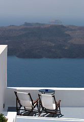 Image showing View from Fira town across the Kameni islet volcanic cones