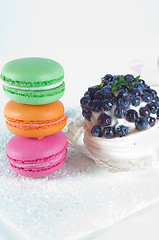 Image showing Macarons and blueberry cake