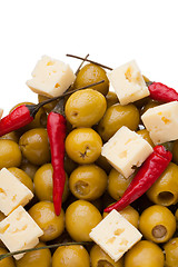 Image showing Olives and chili pepper and shards sheep cheese